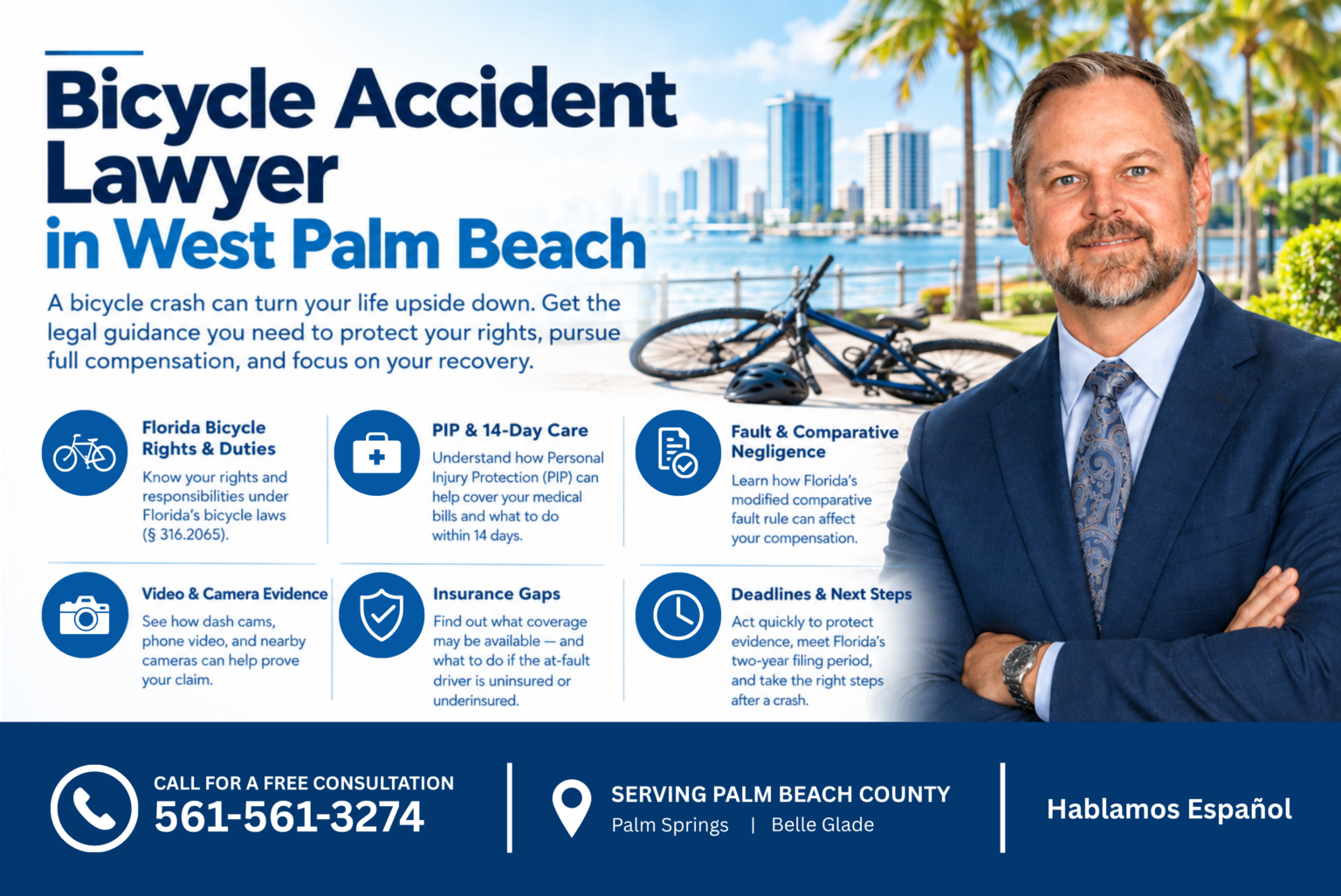 West Palm Beach bicycle accident lawyer with information on PIP coverage, bicycle rights, comparative fault, insurance gaps, and preserving video evidence after a bike crash.