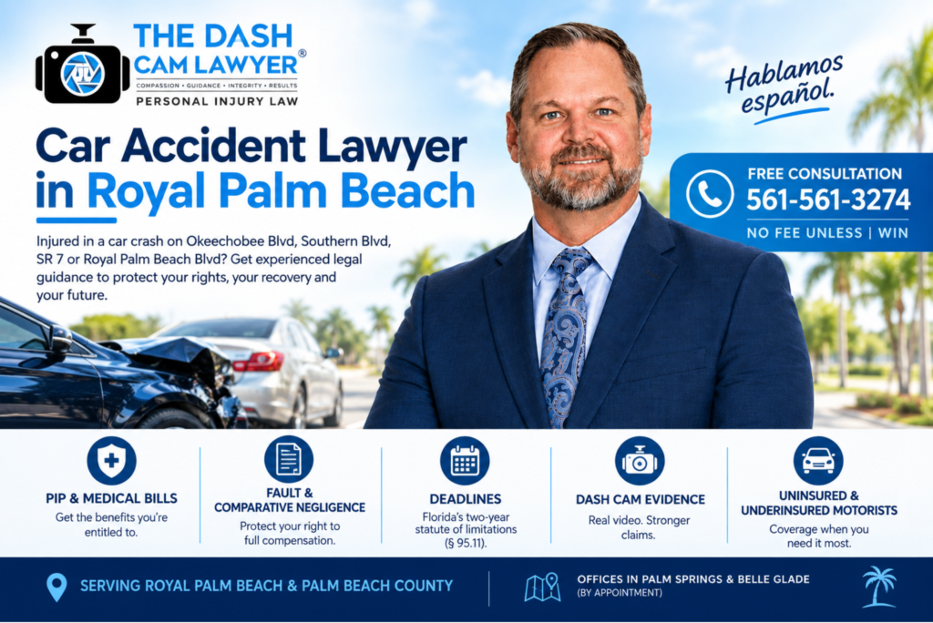 Car accident lawyer in Royal Palm Beach with The Dash Cam Lawyer® branding, highlighting PIP, comparative fault, deadlines, dash cam evidence, and uninsured motorist coverage