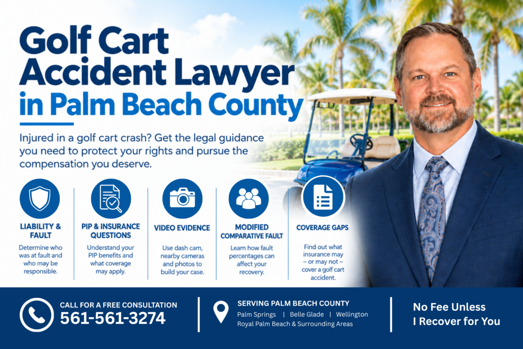 Golf cart accident lawyer in Palm Beach County with information on liability, PIP and insurance coverage, video evidence, comparative fault, and coverage gaps.