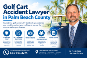 Golf cart accident lawyer in Palm Beach County with information on liability, PIP and insurance coverage, video evidence, comparative fault, and coverage gaps.