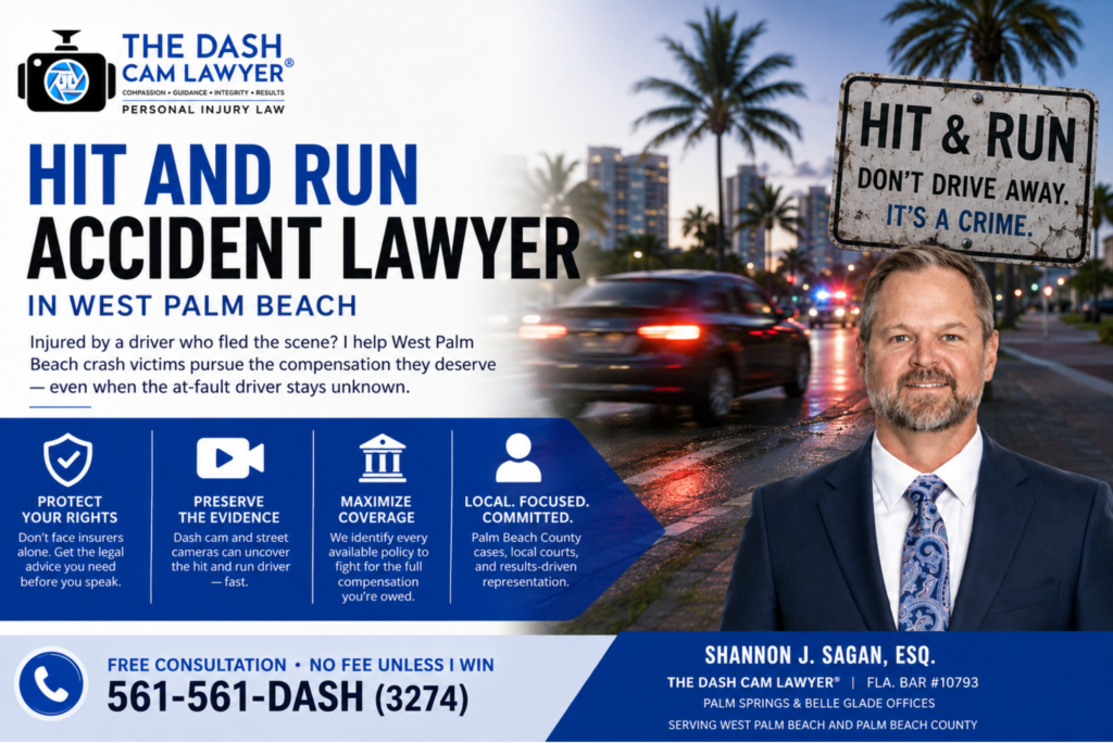 Hit and run accident lawyer in West Palm Beach with attorney, fleeing vehicle, and hit and run warning sign.