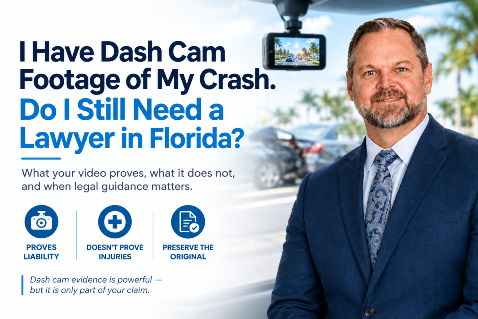 Florida dash cam accident lawyer explaining how dash cam footage proves liability but does not establish injury damages