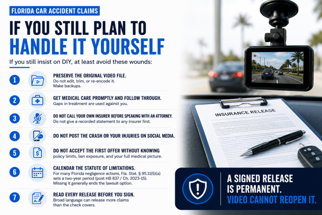 Florida car accident DIY claim infographic showing seven tips for protecting a claim, including preserving dash cam video, seeking medical care, avoiding recorded statements, reviewing settlement offers, tracking the statute of limitations, and reading releases before signing.