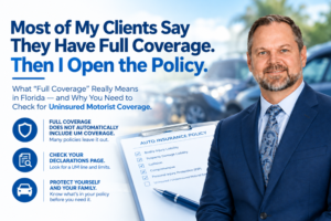 Florida attorney reviewing full coverage auto insurance and uninsured motorist coverage on a policy declarations page.