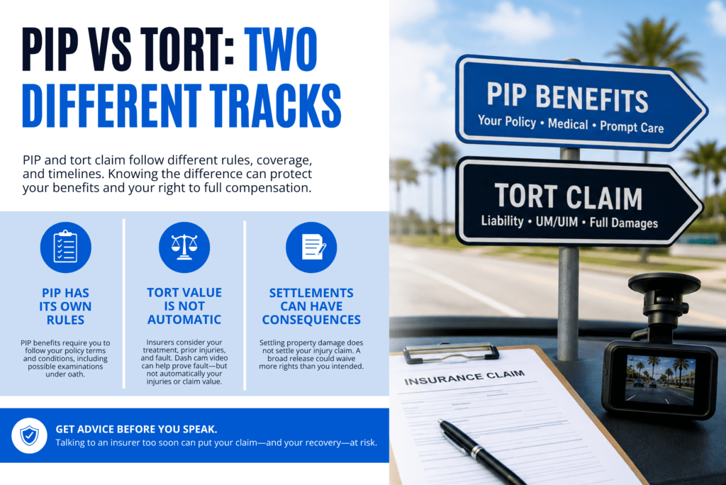 Florida car accident PIP vs. tort claims infographic explaining PIP benefits, tort claim value, settlement risks, and how dash cam evidence can support a Florida car accident claim.