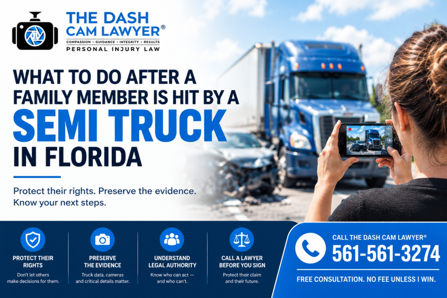 Family member injured after a semi truck crash in Florida and steps to protect the injury claim