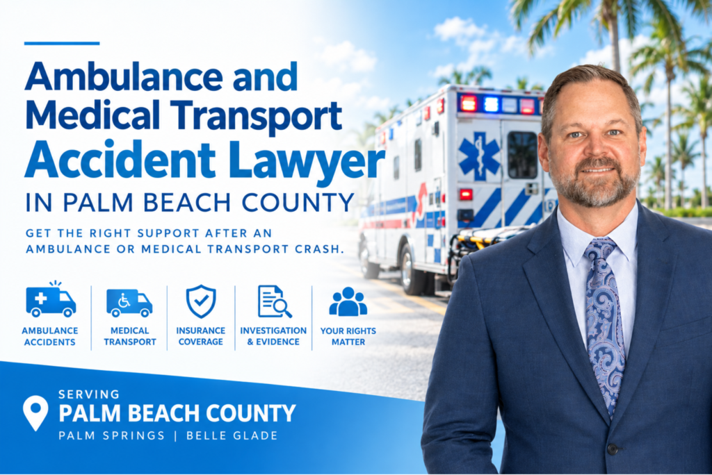 Ambulance and medical transport accident lawyer in Palm Beach County with emergency vehicle crash scene, insurance coverage, evidence, and attorney support.