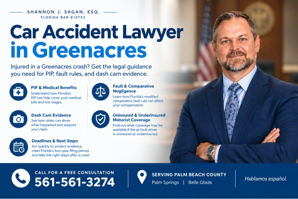 Car accident lawyer in Greenacres, Shannon J. Sagan, with information about Florida PIP benefits, comparative fault, dash cam evidence, uninsured motorist coverage, and legal deadlines.