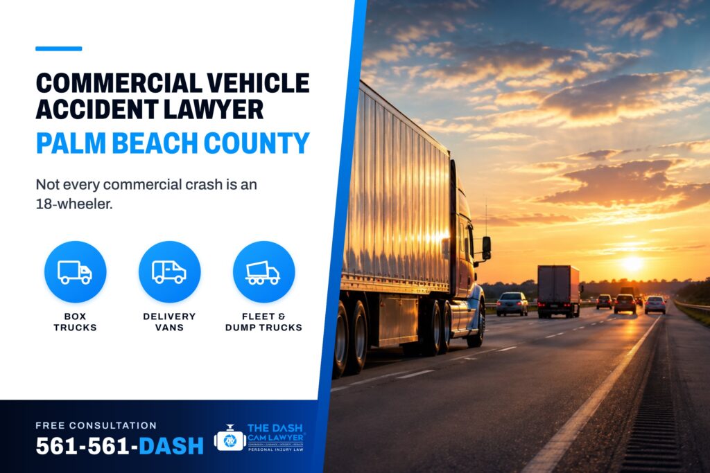 Commercial vehicle accident lawyer in Palm Beach County: a tractor-trailer and box truck on the highway at sunset, The Dash Cam Lawyer.