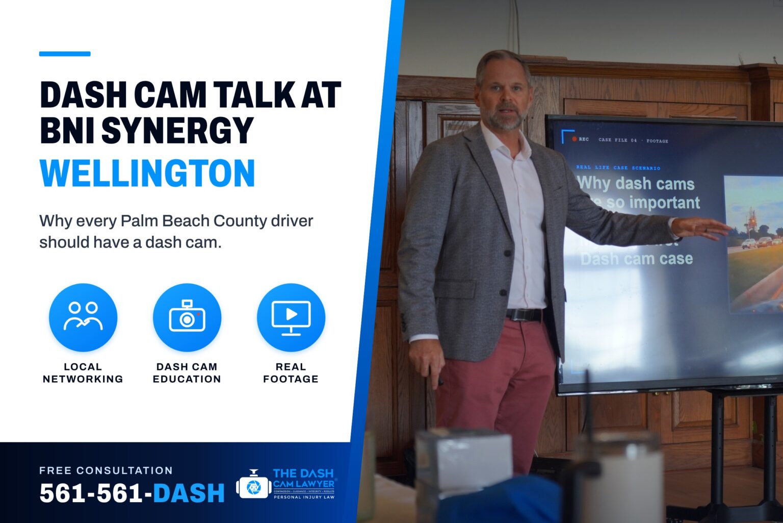 Shannon J. Sagan of The Dash Cam Lawyer presenting on why dash cams are so important at BNI Synergy in Wellington