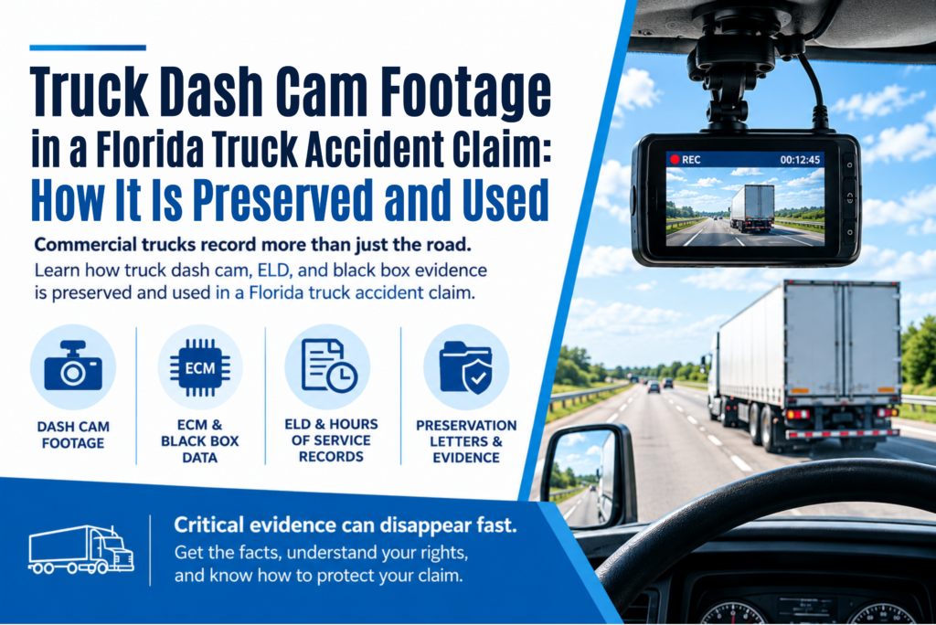 Truck dash cam footage in a Florida truck accident claim showing dash cam, ECM black box, ELD records, and evidence preservation.