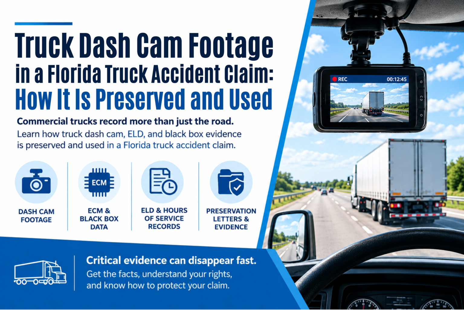 Truck dash cam footage in a Florida truck accident claim showing dash cam, ECM black box, ELD records, and evidence preservation.