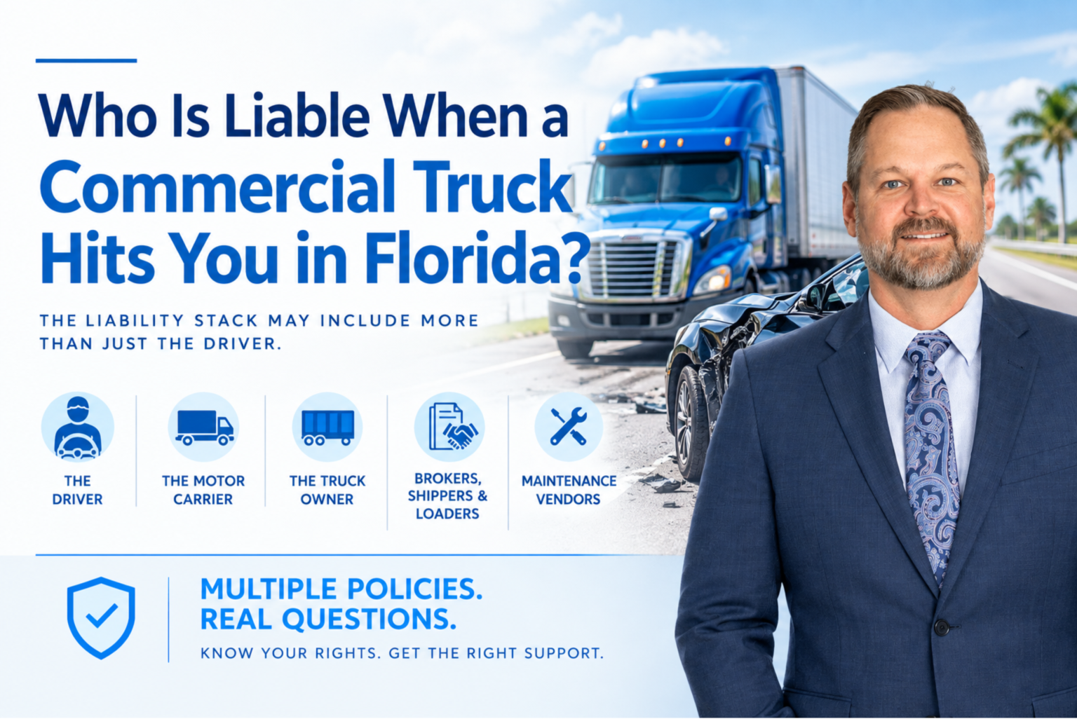 Commercial truck accident liability in Florida showing a semi-truck crash, potential liable parties, and Florida truck accident lawyer Shannon J. Sagan.