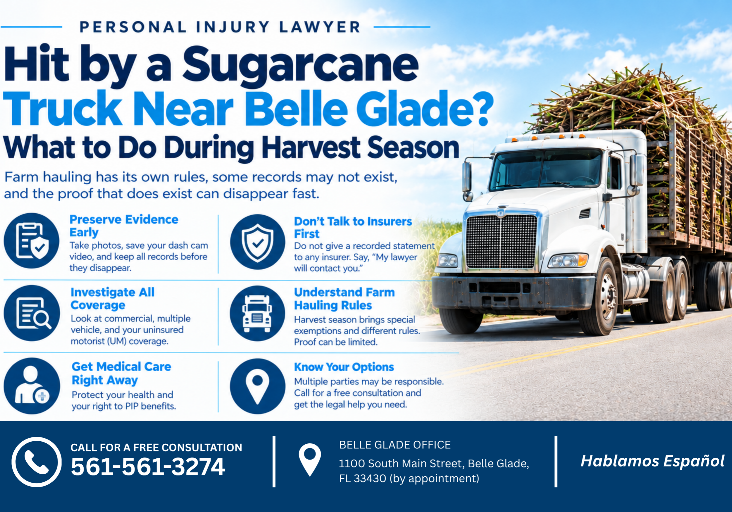 Hit by a Sugarcane Truck Near Belle Glade? Personal injury lawyer Shannon J. Sagan explains what to do after a sugarcane truck accident during Florida harvest season, including preserving evidence, reviewing insurance coverage, understanding farm hauling rules, and seeking medical care.