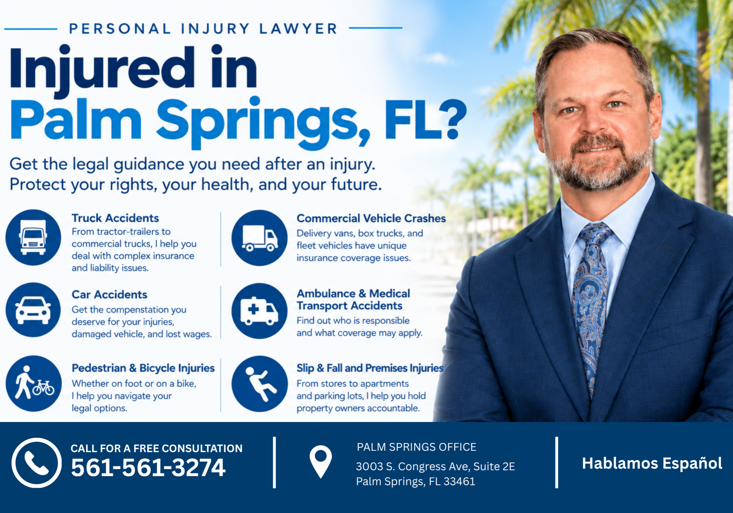 Personal injury lawyer in Palm Springs, Florida, Shannon J. Sagan, with information about truck accidents, commercial vehicle crashes, car accidents, ambulance accidents, pedestrian and bicycle injuries, and slip-and-fall claims.