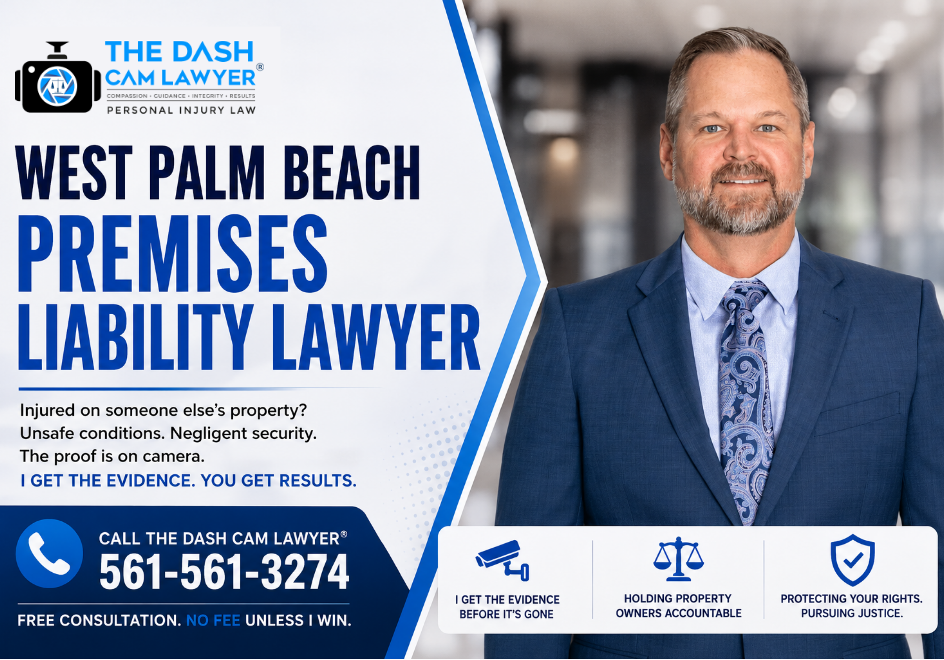West Palm Beach premises liability lawyer Shannon J. Sagan with The Dash Cam Lawyer branding, highlighting evidence, property owner accountability, and protecting injury victims’ rights.