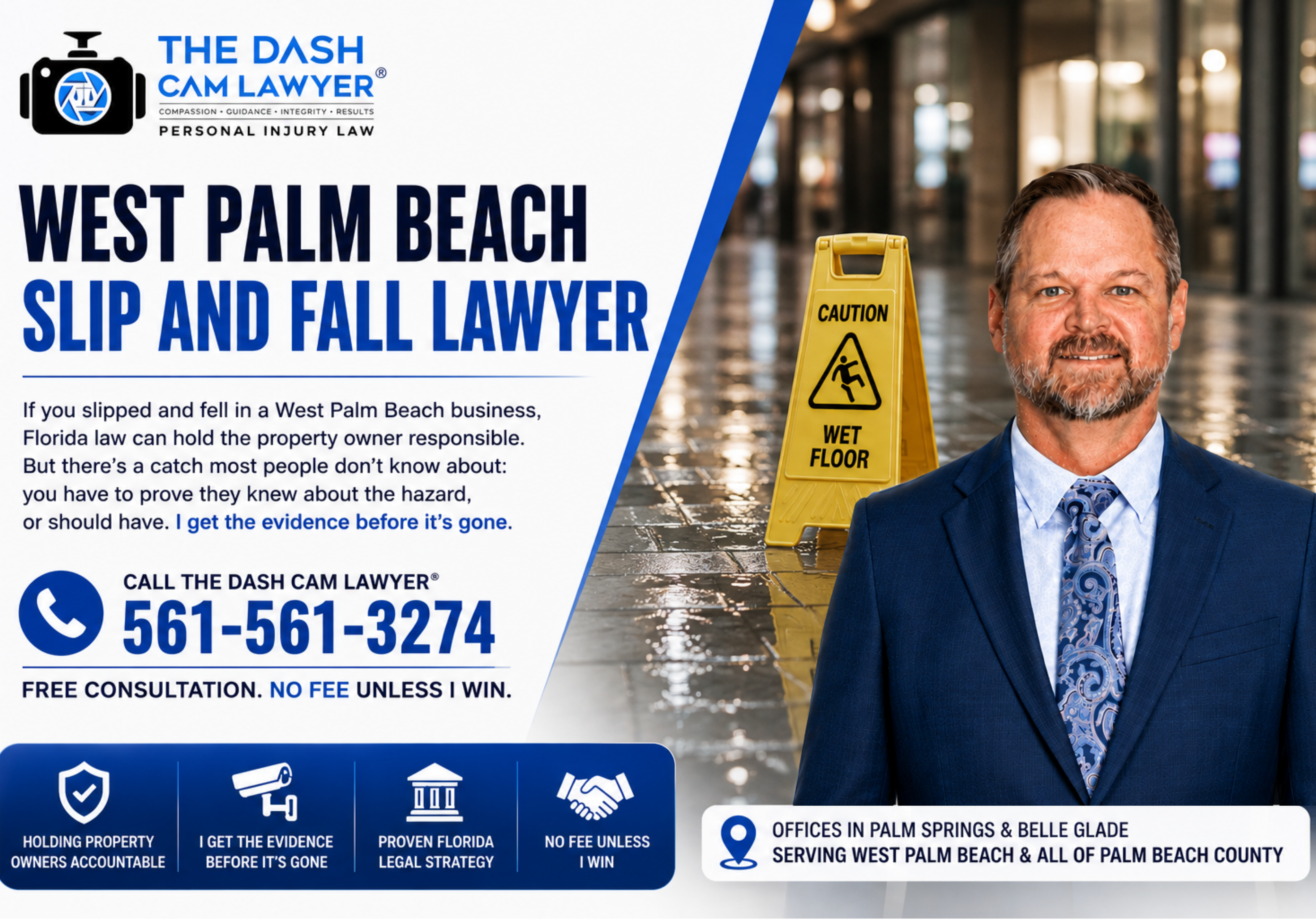 West Palm Beach slip and fall lawyer Shannon Sagan of The Dash Cam Lawyer® with a wet floor caution sign, promoting personal injury legal services and evidence preservation in Palm Beach County, Florida.