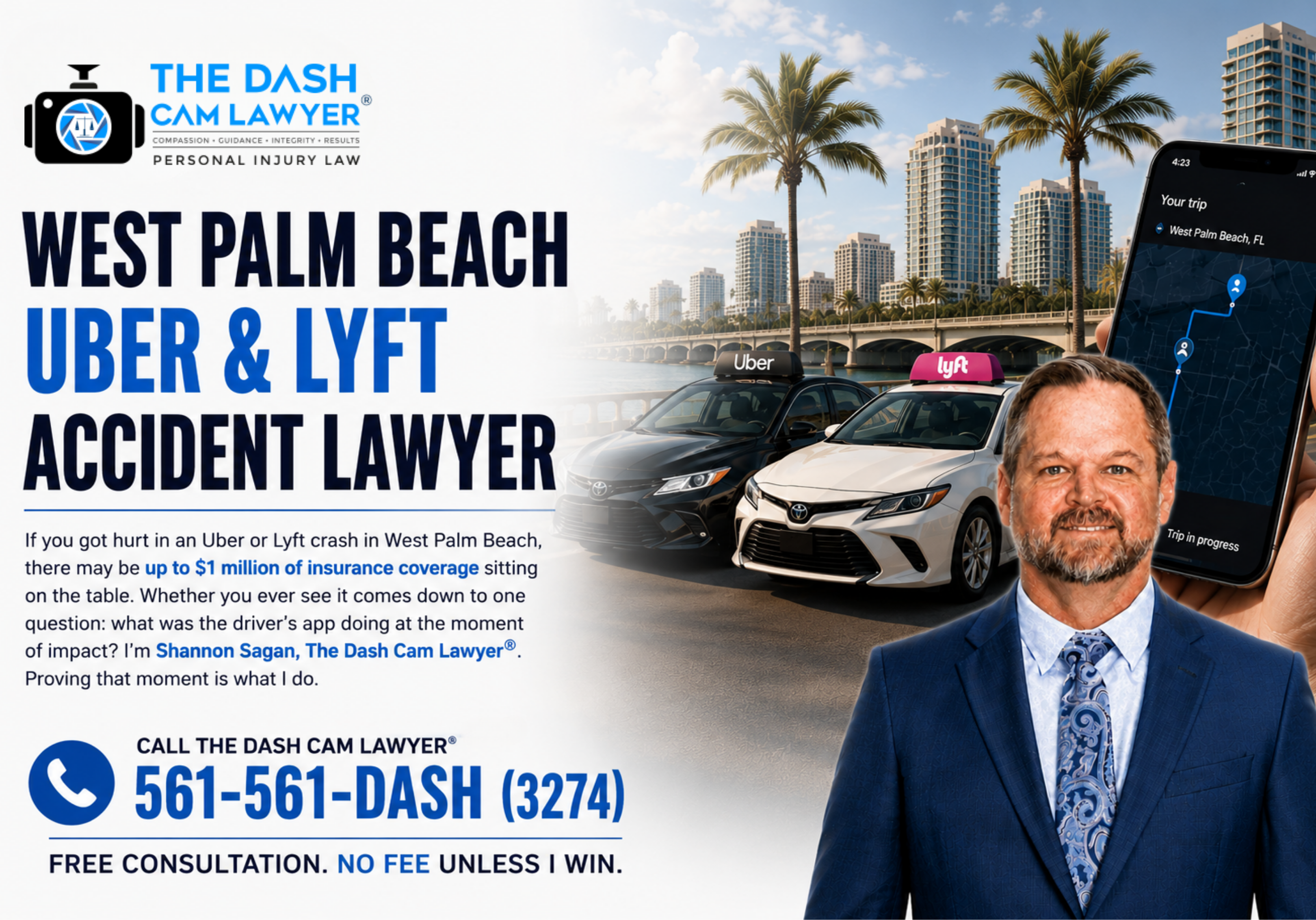 West Palm Beach Uber and Lyft accident lawyer featuring rideshare vehicles, a smartphone showing a West Palm Beach trip, and attorney Shannon J. Sagan of The Dash Cam Lawyer.